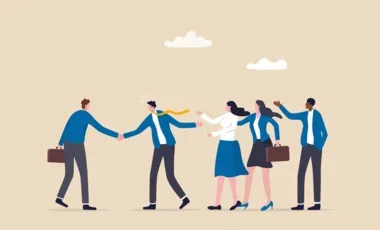 Illustration de plusieurs personnes se serrant la main et avançant ensemble, représentant une transition ou une collaboration professionnelle