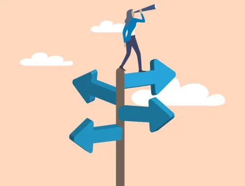 Illustration d’un panneau avec plusieurs directions et une personne observant l’horizon à la longue-vue.