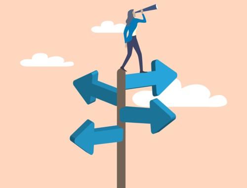 Illustration d’un panneau avec plusieurs directions et une personne observant l’horizon à la longue-vue.