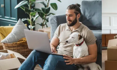 Homme assis avec son chien sur son canapé et regardant son ordinateur