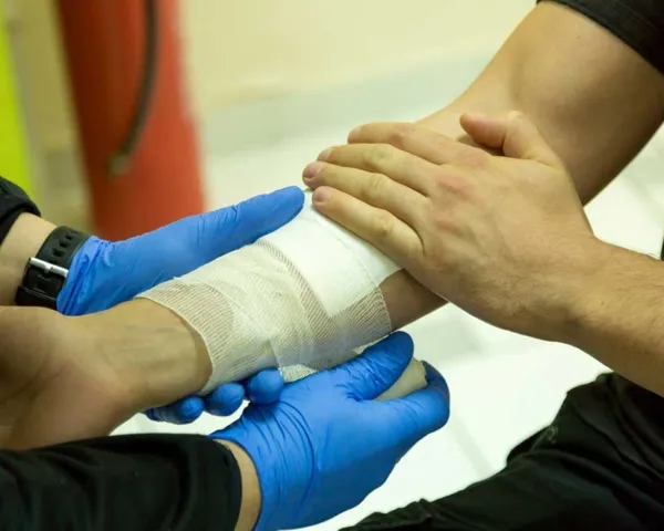 Personne portent des gants et posent un bandage autour de l’avant-bras d’une autre personne lors d’un exercice de premiers secours.