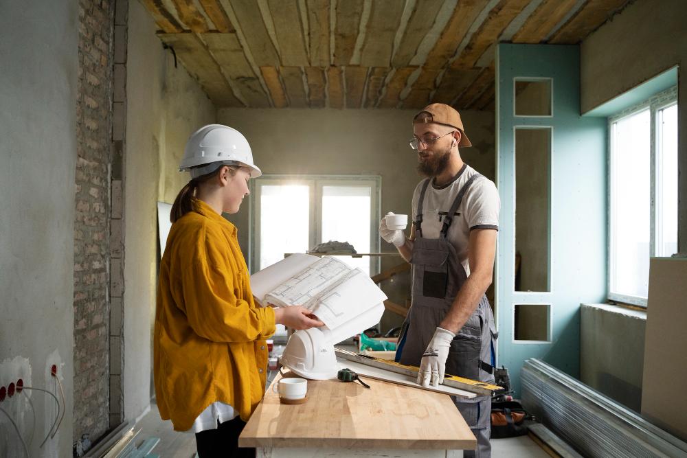 une femme cheffe de chantier et un artisant dans un séjour