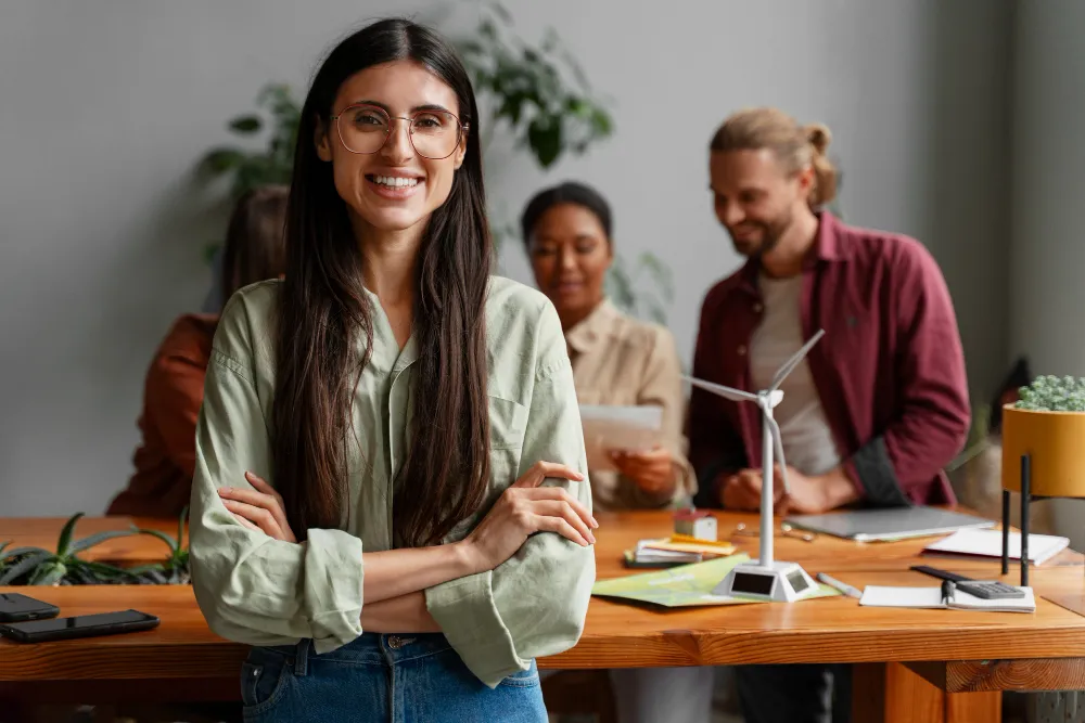 femme qui regarde l'objectif avec un groupe de collègues en arrière plan sur un projet ecologique