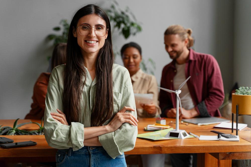 femme qui regarde l'objectif avec un groupe de collègues en arrière plan sur un projet ecologique